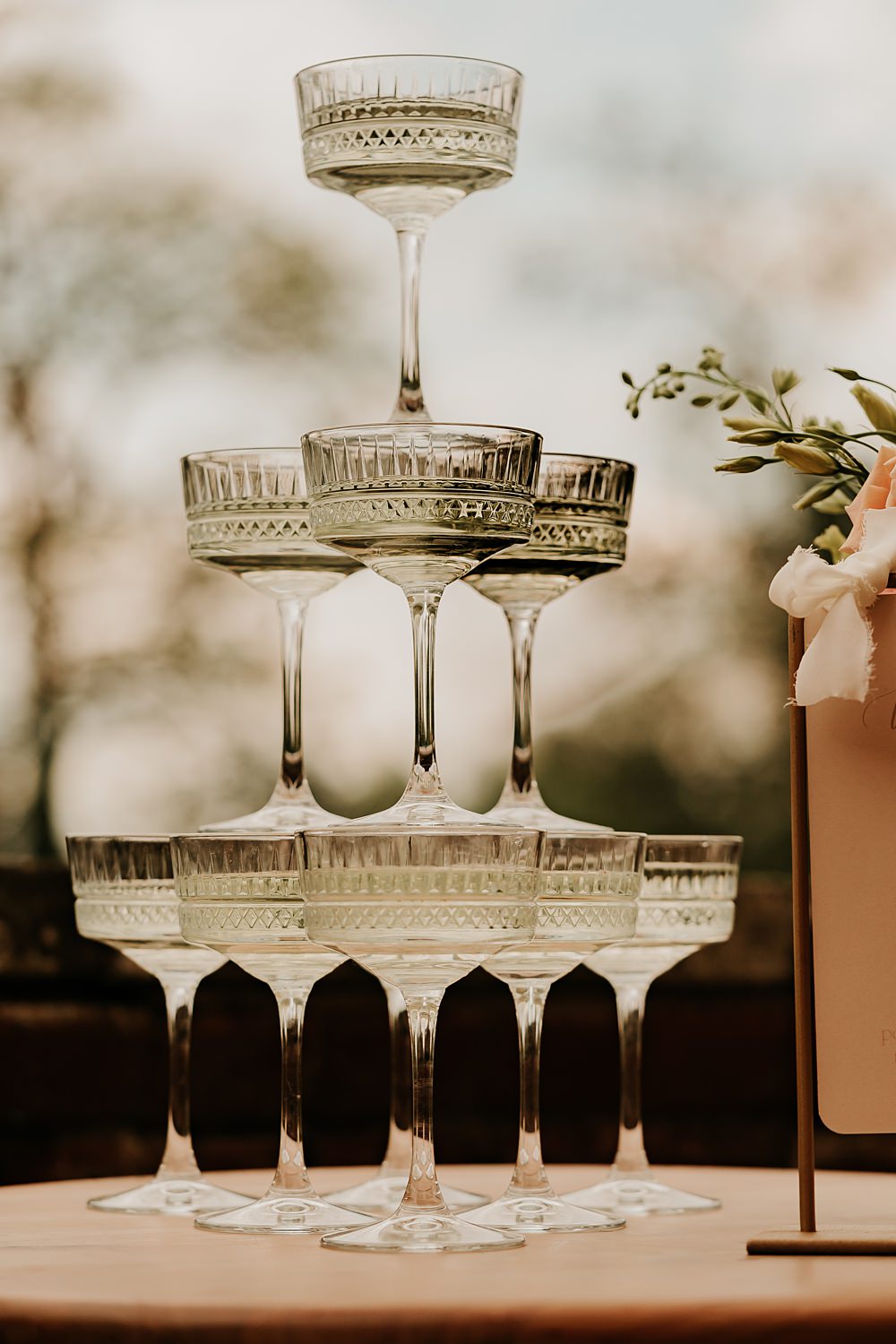 Champagne Tower Drink Table Flowers Hodsock Priory Wedding Gabrielas Photography and Film