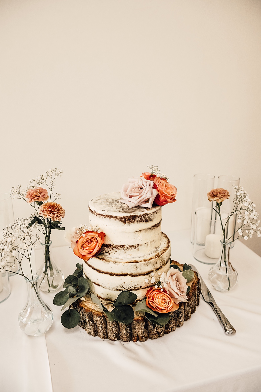 Semi Naked Cake Log Slice Flowers Malt House Barn Wedding Daniel McClane Photography