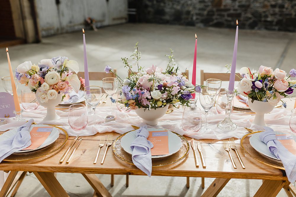 Table Decor Cream Peach Linen Candle Flowers Modern Lilac Wedding Ideas Michelle Huggleston Photography