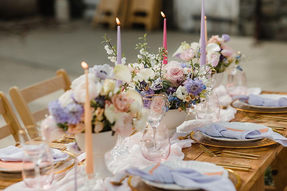 Table Decor Cream Peach Linen Candle Flowers Modern Lilac Wedding Ideas Michelle Huggleston Photography