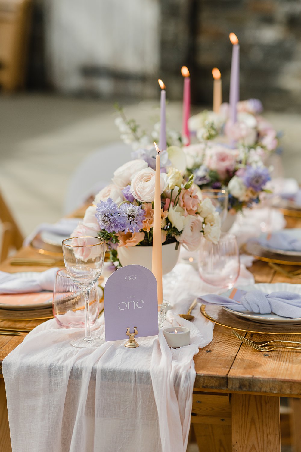 Table Decor Cream Peach Linen Candle Flowers Modern Lilac Wedding Ideas Michelle Huggleston Photography