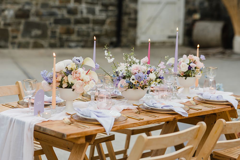 Table Decor Cream Peach Linen Candle Flowers Modern Lilac Wedding Ideas Michelle Huggleston Photography