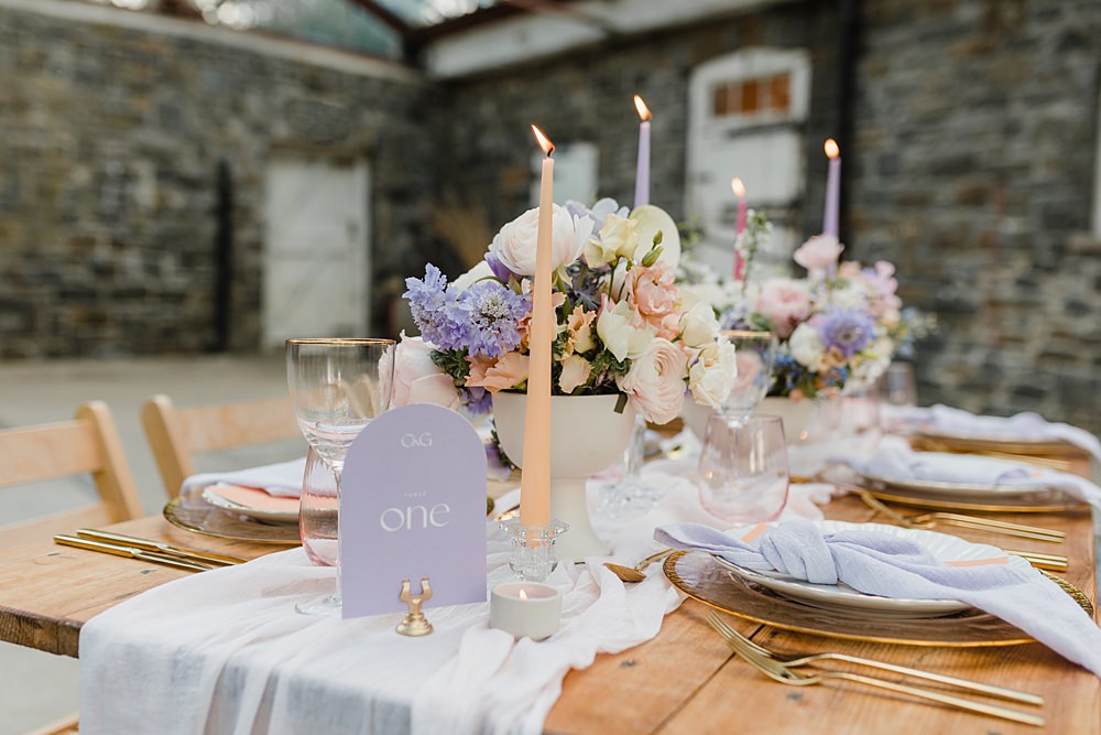 Table Decor Cream Peach Linen Candle Flowers Modern Lilac Wedding Ideas Michelle Huggleston Photography