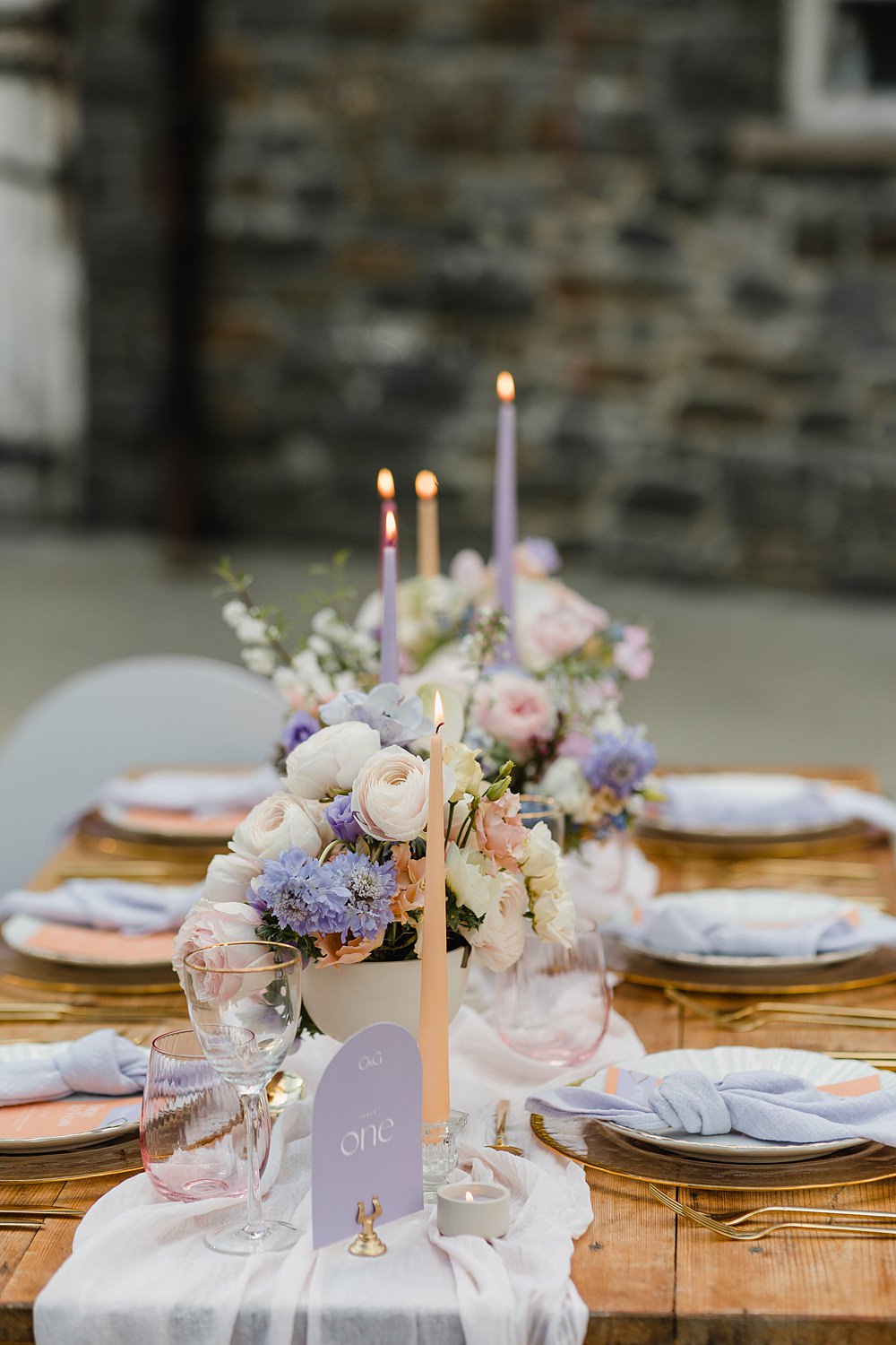 Table Decor Cream Peach Linen Candle Flowers Modern Lilac Wedding Ideas Michelle Huggleston Photography