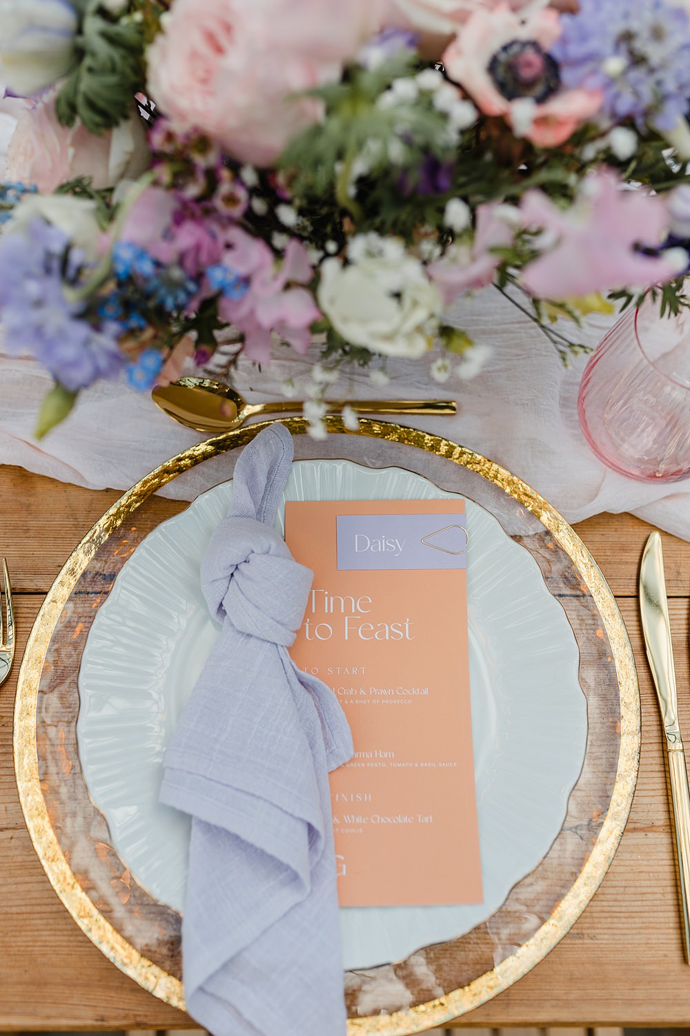 Place Setting Menu Gold Cutlery Modern Lilac Wedding Ideas Michelle Huggleston Photography