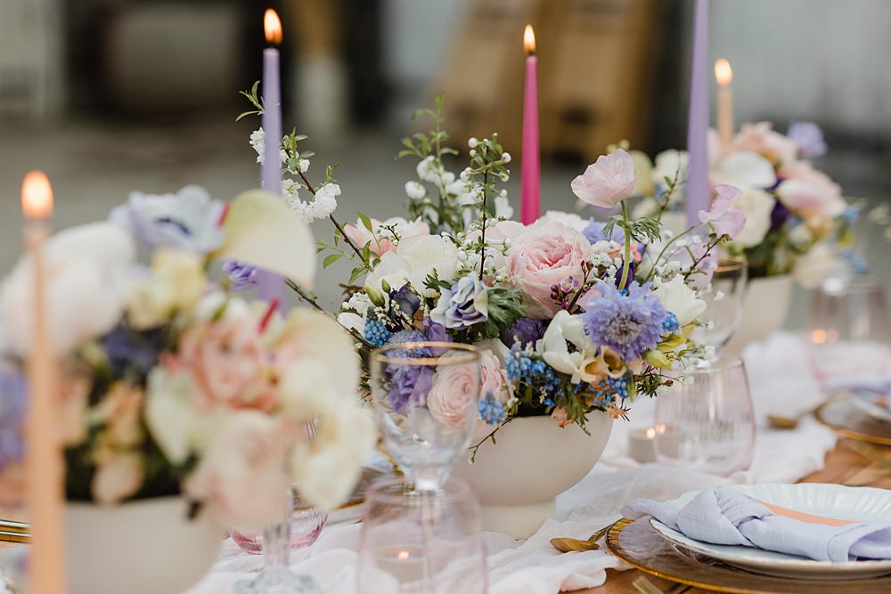Table Decor Cream Peach Linen Candle Flowers Modern Lilac Wedding Ideas Michelle Huggleston Photography
