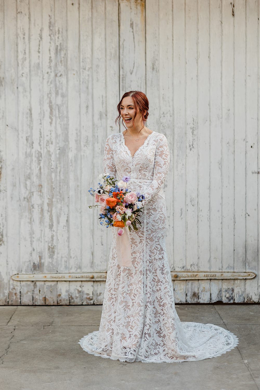Long Lace Sleeve Boho Dress Gown Bride Modern Lilac Wedding Ideas Michelle Huggleston Photography