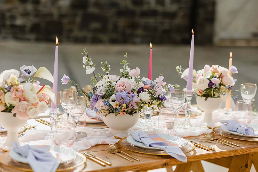 Table Decor Cream Peach Linen Candle Flowers Modern Lilac Wedding Ideas Michelle Huggleston Photography