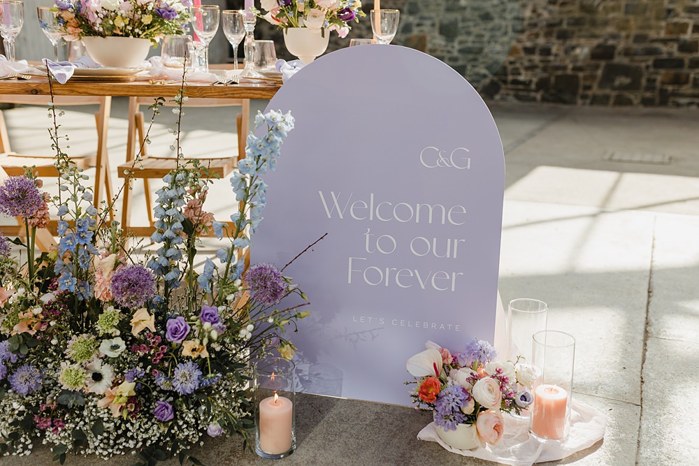 Welcome Sign Curved Modern Lilac Wedding Ideas Michelle Huggleston Photography
