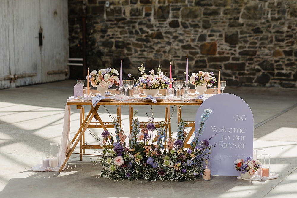 Table Decor Cream Peach Linen Candle Flowers Modern Lilac Wedding Ideas Michelle Huggleston Photography