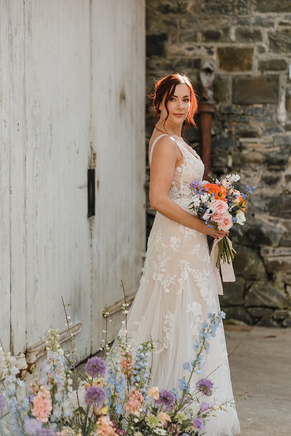 Long Lace Boho Dress Gown Bride Modern Lilac Wedding Ideas Michelle Huggleston Photography