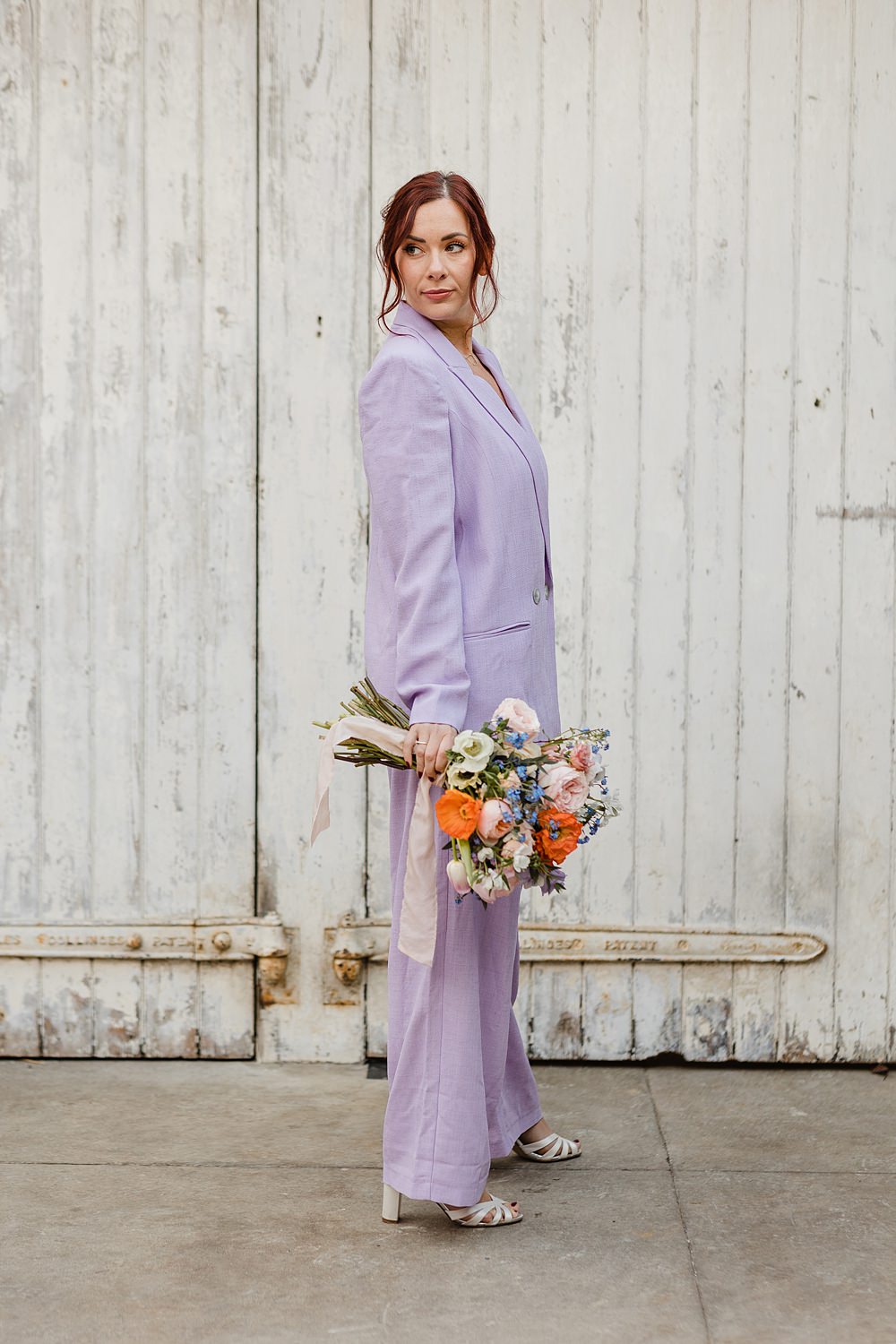 Bride Suit Jacket Trousers Modern Lilac Wedding Ideas Michelle Huggleston Photography