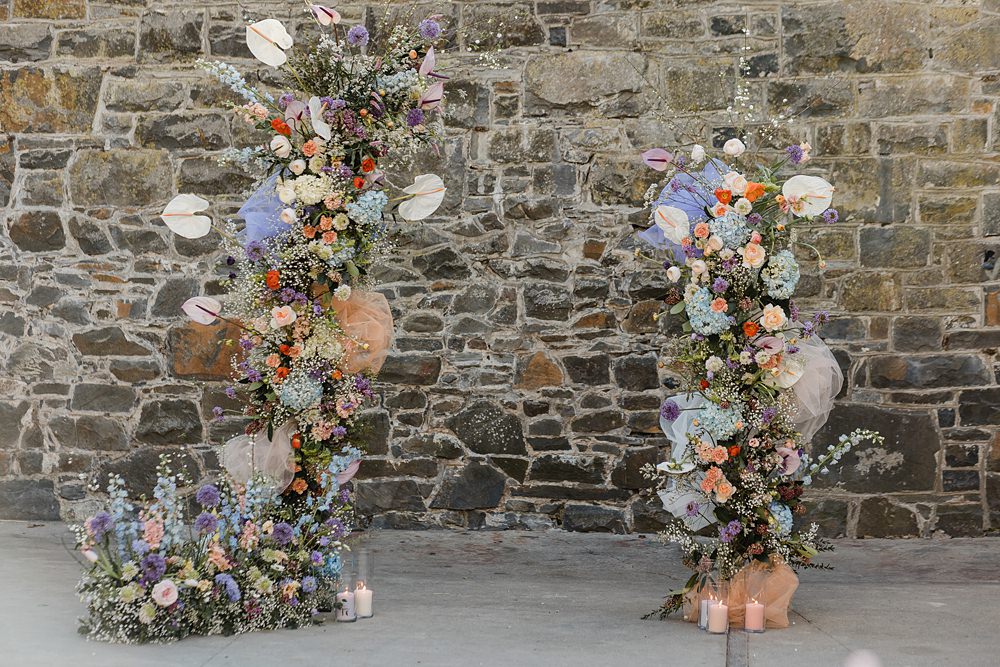 Flower Pillars Arch Backdrop Peach Modern Lilac Wedding Ideas Michelle Huggleston Photography