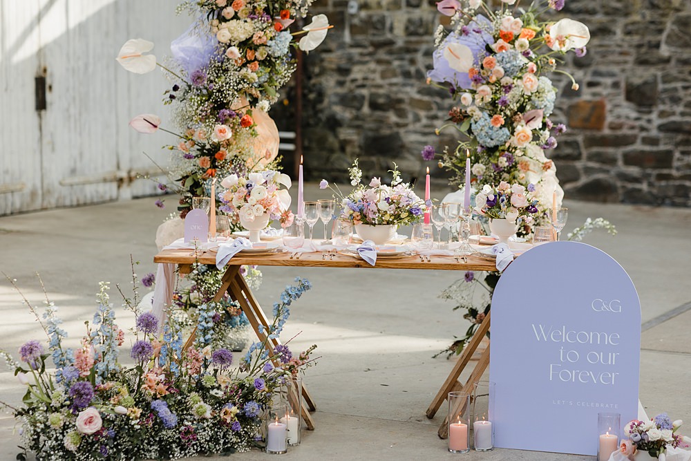 Table Decor Cream Peach Linen Candle Flowers Modern Lilac Wedding Ideas Michelle Huggleston Photography
