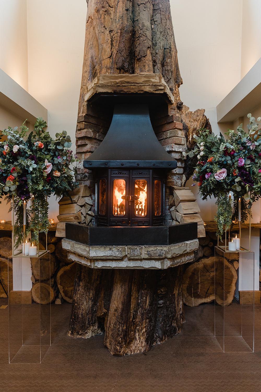 Log Burner Fireplace Flowers Ceremony Oxwich Bay Hotel Wedding Michelle Huggleston Photography