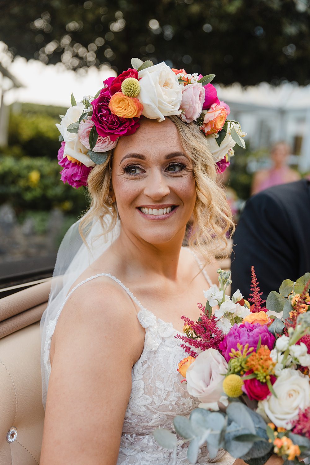 Bride Flower Crown Pink Oxwich Bay Hotel Wedding Michelle Huggleston Photography