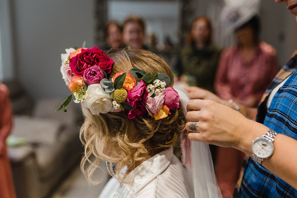 Bride Flower Crown Pink Oxwich Bay Hotel Wedding Michelle Huggleston Photography