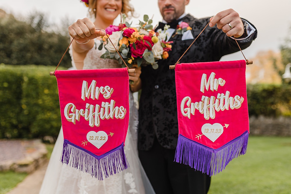 Bride Groom Banner Signs Oxwich Bay Hotel Wedding Michelle Huggleston Photography