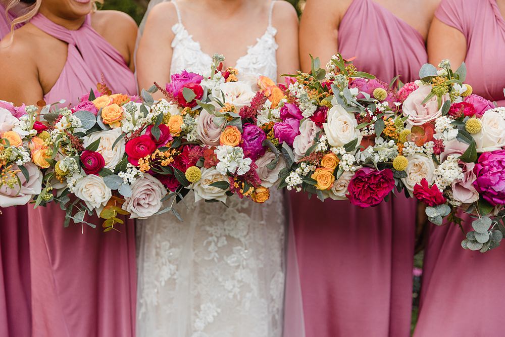 Pink Yellow Peony Rose Bridal Bouquet Bridesmaids Oxwich Bay Hotel Wedding Michelle Huggleston Photography