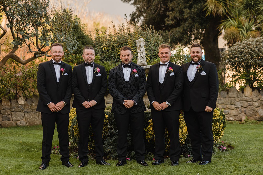 Black Suit Tuxedo Bow Tie Groom Groomsmen Oxwich Bay Hotel Wedding Michelle Huggleston Photography
