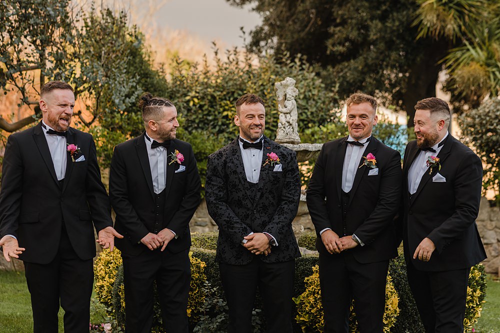 Black Suit Tuxedo Bow Tie Groom Groomsmen Oxwich Bay Hotel Wedding Michelle Huggleston Photography
