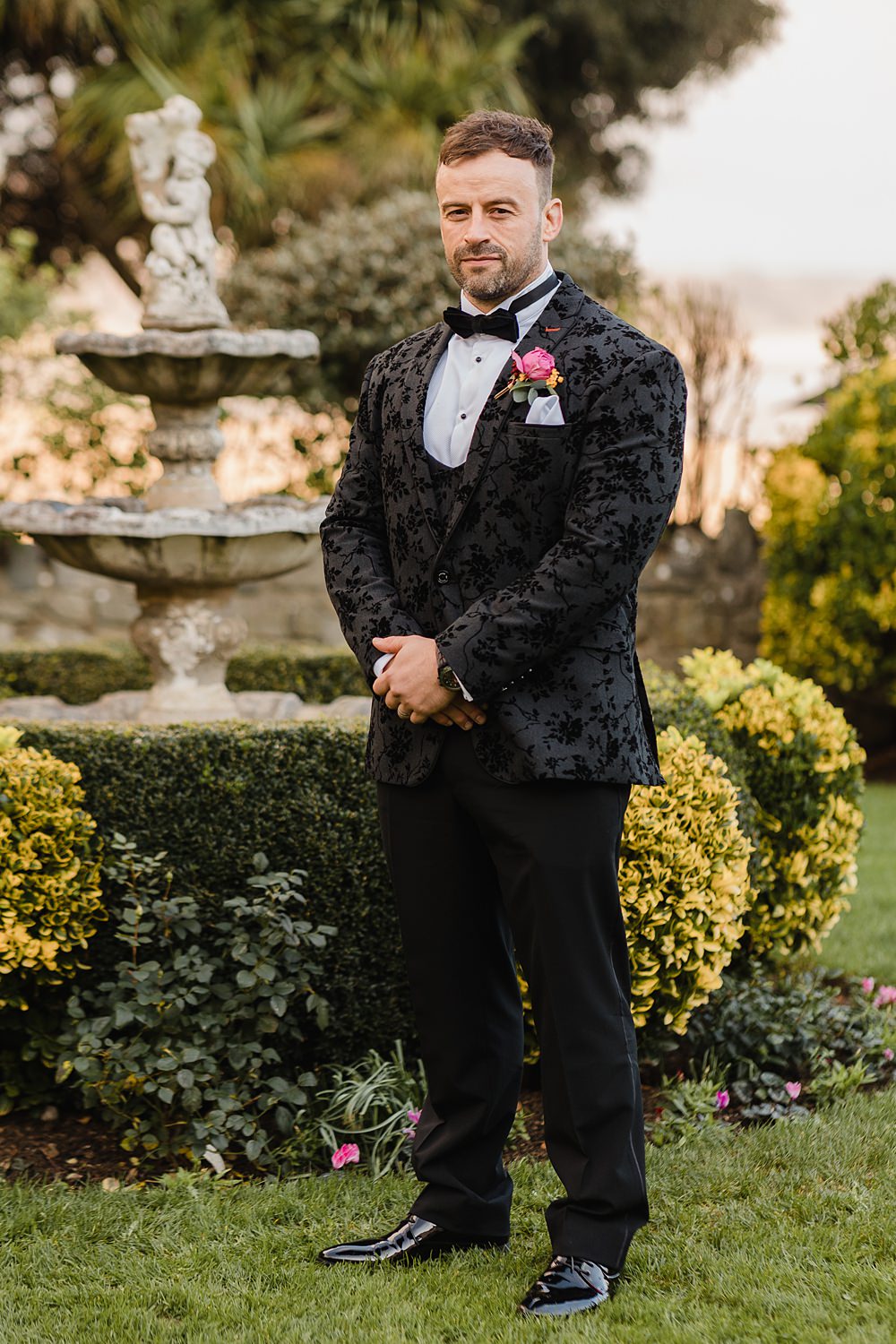 Black Suit Tuxedo Bow Tie Groom Oxwich Bay Hotel Wedding Michelle Huggleston Photography