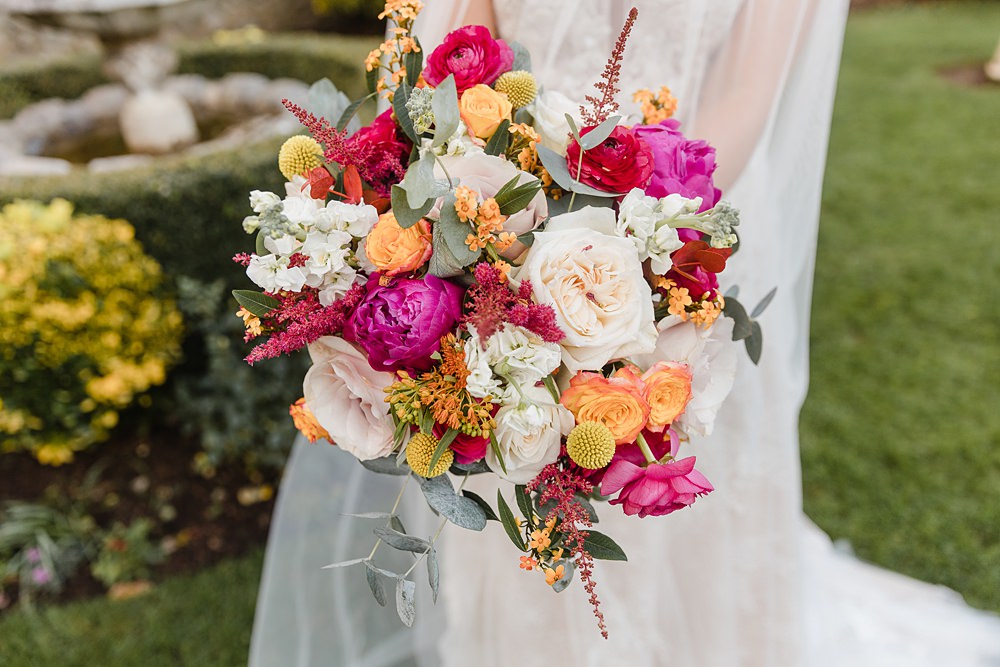 Pink Yellow Peony Rose Bridal Bouquet Oxwich Bay Hotel Wedding Michelle Huggleston Photography