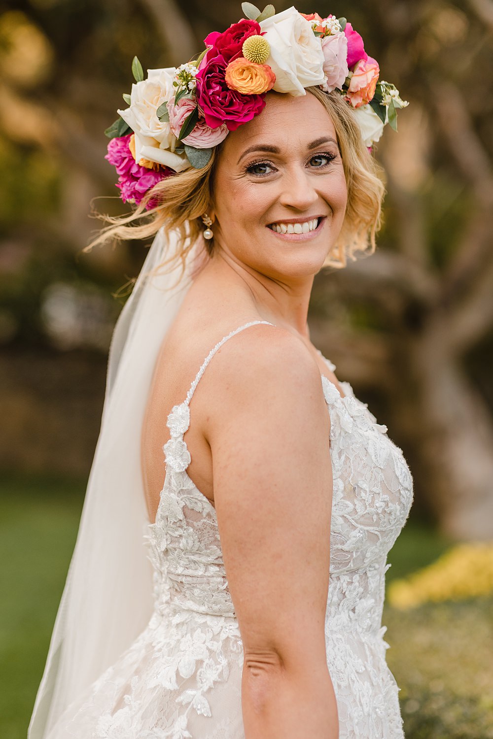 Bride Flower Crown Pink Oxwich Bay Hotel Wedding Michelle Huggleston Photography