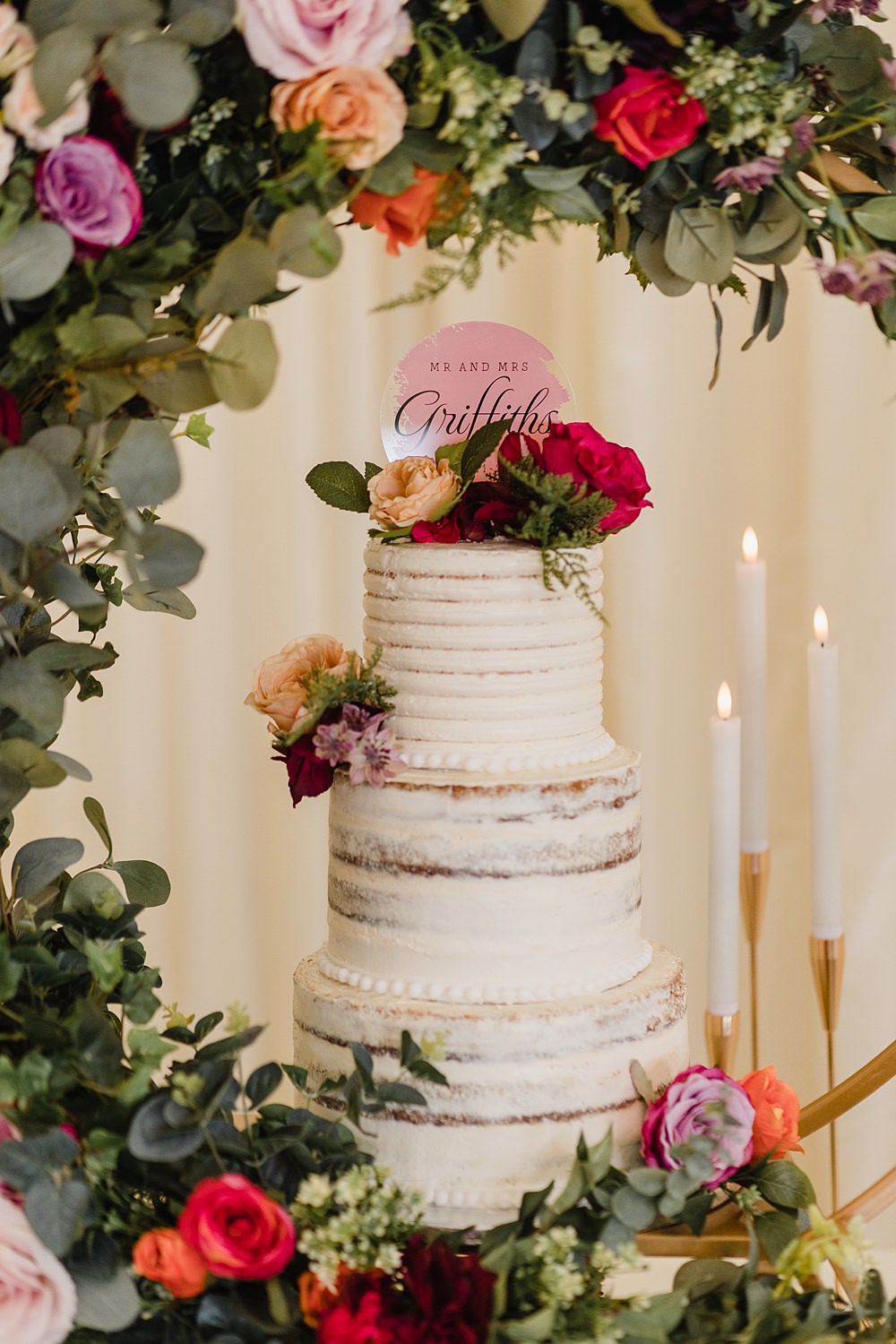 Buttercream Semi Naked Cake Flower Hoop Oxwich Bay Hotel Wedding Michelle Huggleston Photography
