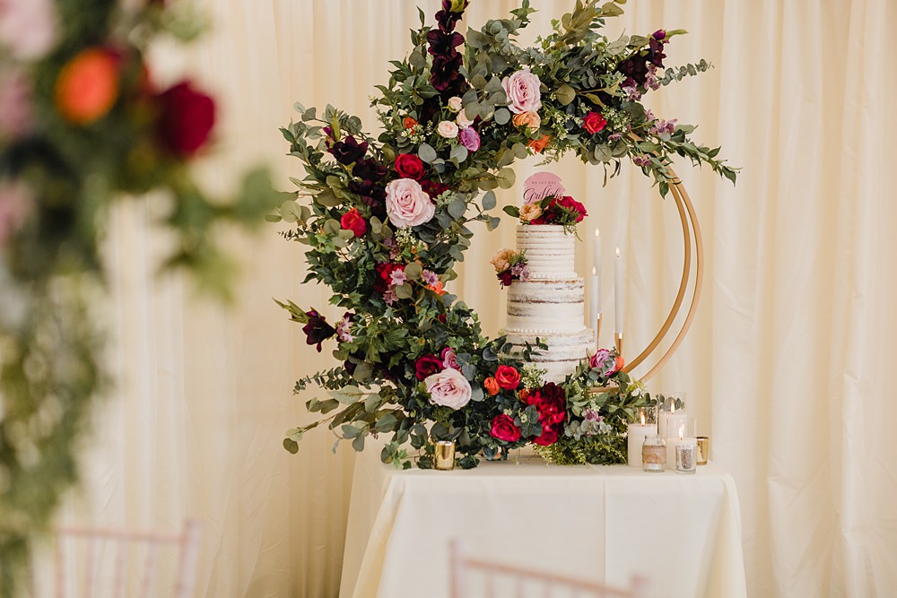 Buttercream Semi Naked Cake Flower Hoop Oxwich Bay Hotel Wedding Michelle Huggleston Photography