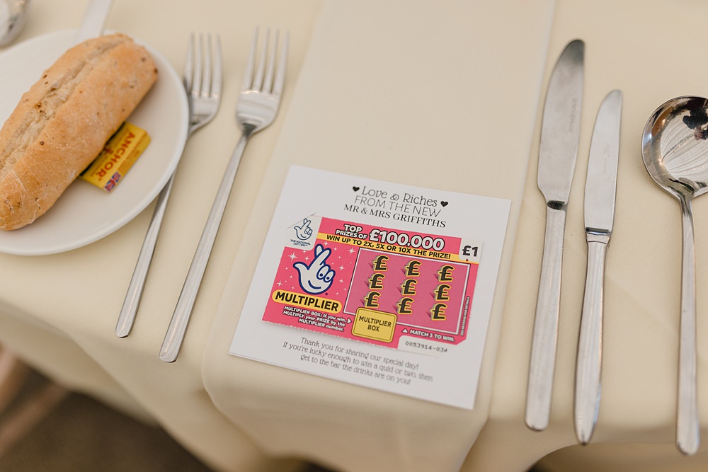 Place Setting Scratch Card Favour Oxwich Bay Hotel Wedding Michelle Huggleston Photography