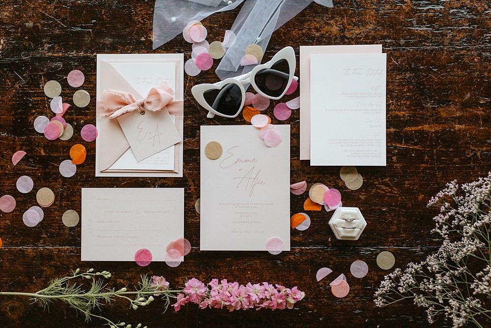 Pink Orange Wedding Ideas Bethany Smith Photography Stationery Invite Heart Glasses Confetti
