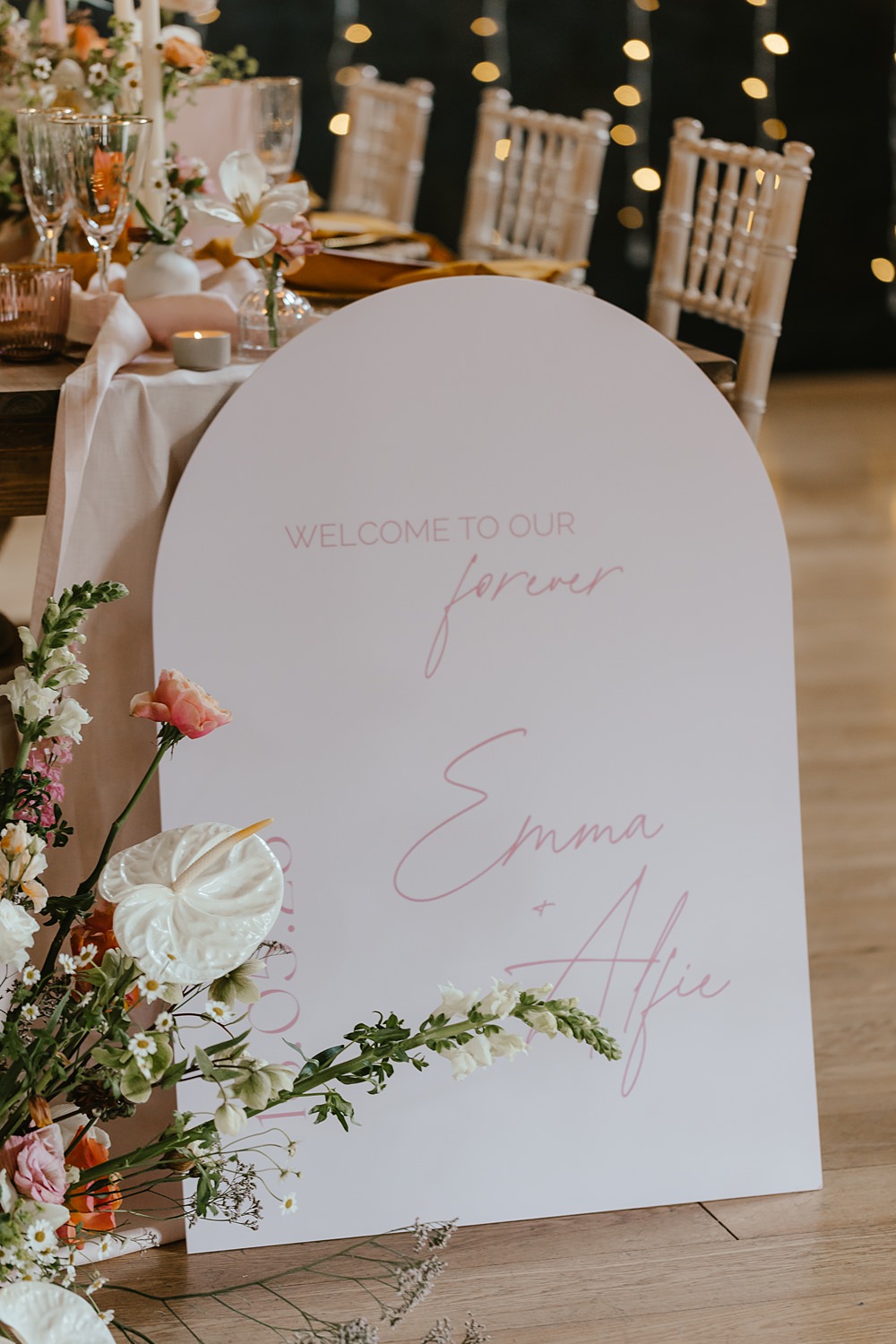 Decor Flowers Candles Curve Sign Pink Orange Wedding Ideas Bethany Smith Photography