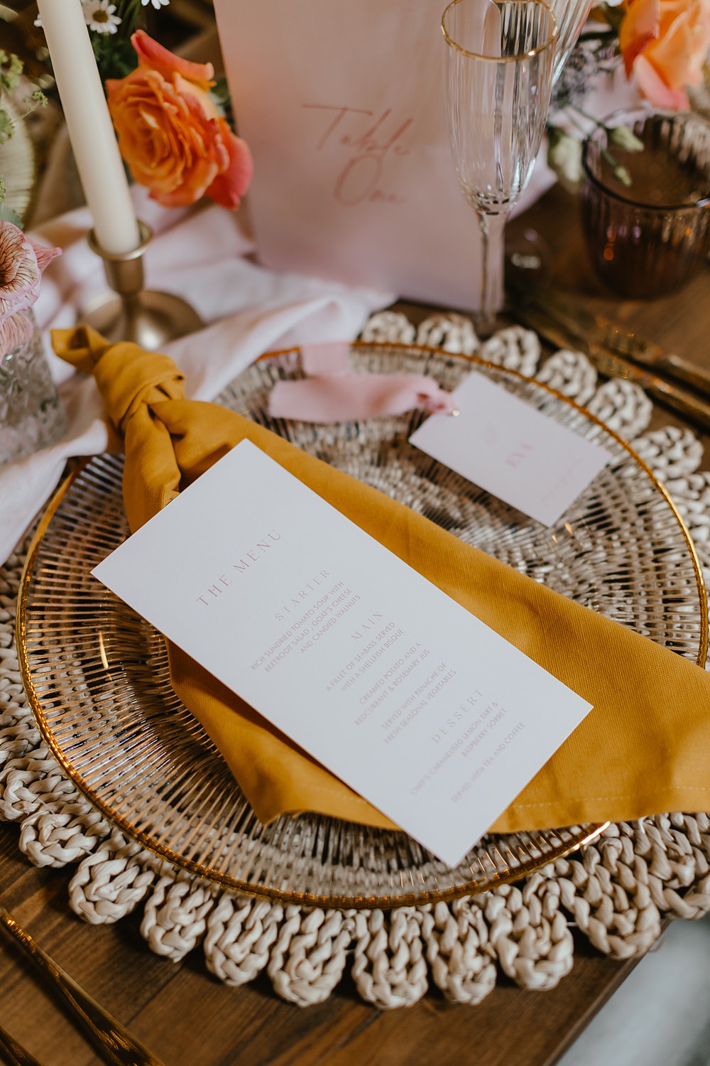 Place Setting Menu Card Name Tag Rattan Mat Napkin Pink Orange Wedding Ideas Bethany Smith Photography