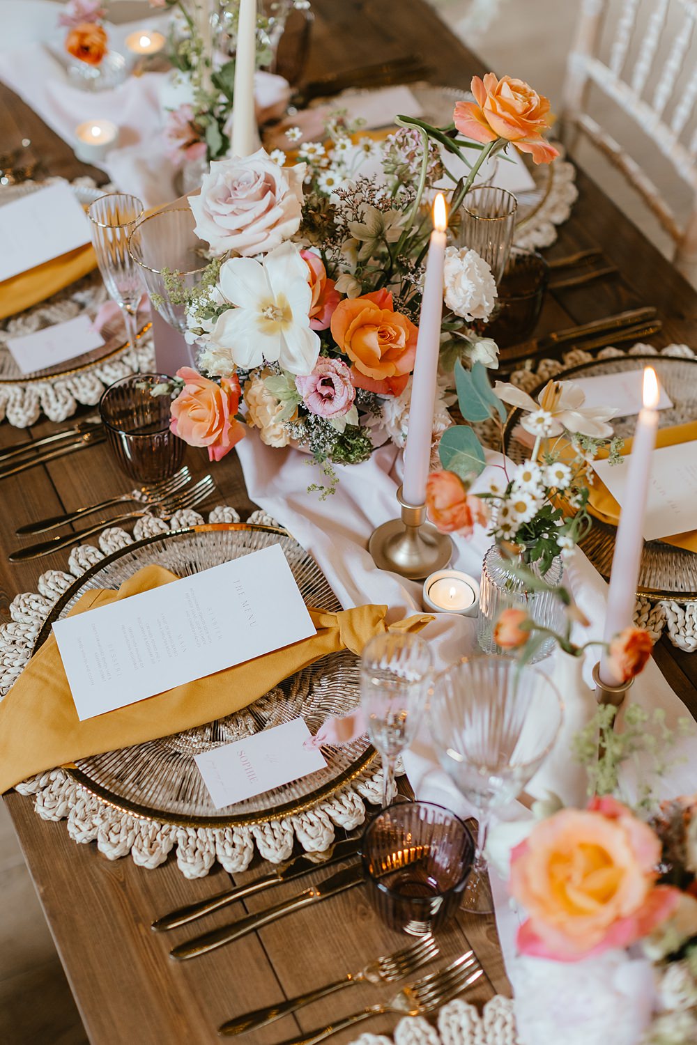Flower Rose Centrepiece Runner Decor Candles Pink Orange Wedding Ideas Bethany Smith Photography