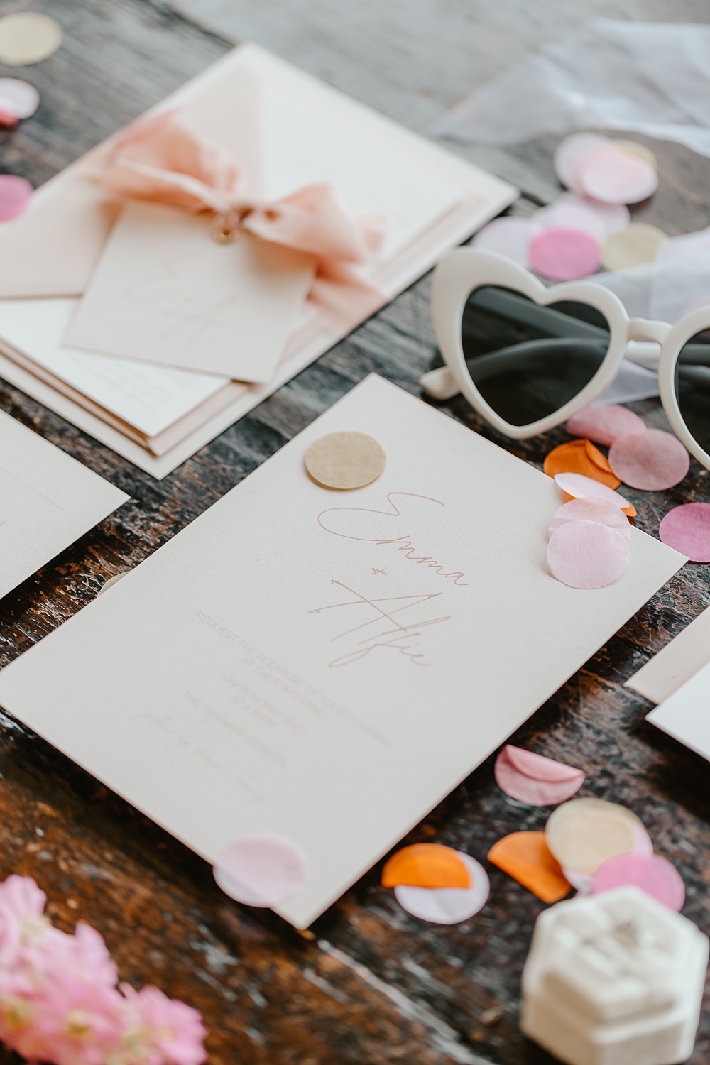 Pink Orange Wedding Ideas Bethany Smith Photography Stationery Invite Heart Glasses Confetti