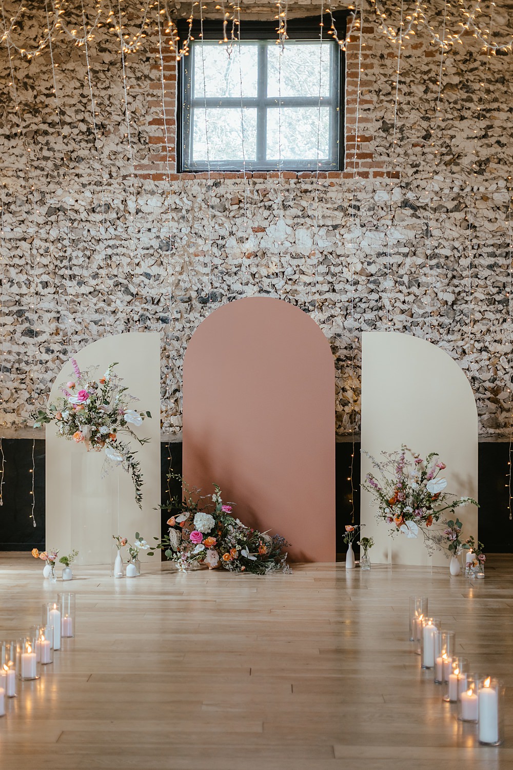 Curve Ceremony Backdrop Flowers Aisle Candles Pink Orange Wedding Ideas Bethany Smith Photography