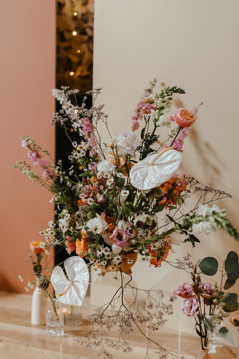Floor Flower Arrangement Ceremony Pink Orange Wedding Ideas Bethany Smith Photography