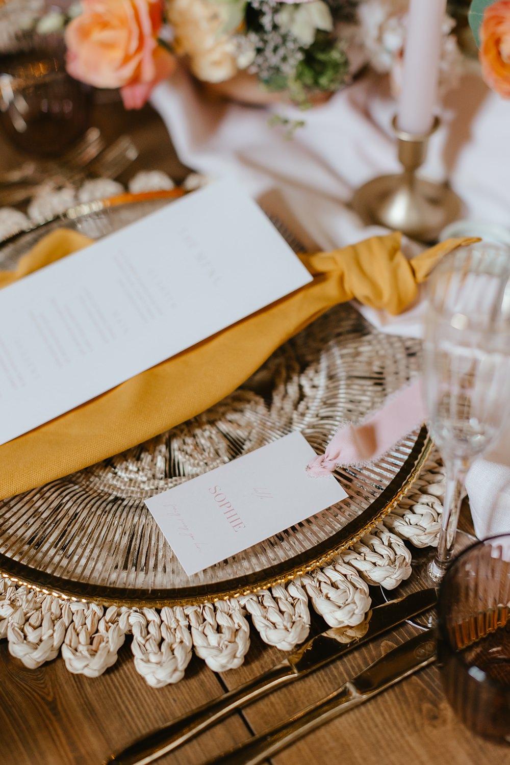 Place Setting Menu Card Name Tag Rattan Mat Napkin Pink Orange Wedding Ideas Bethany Smith Photography