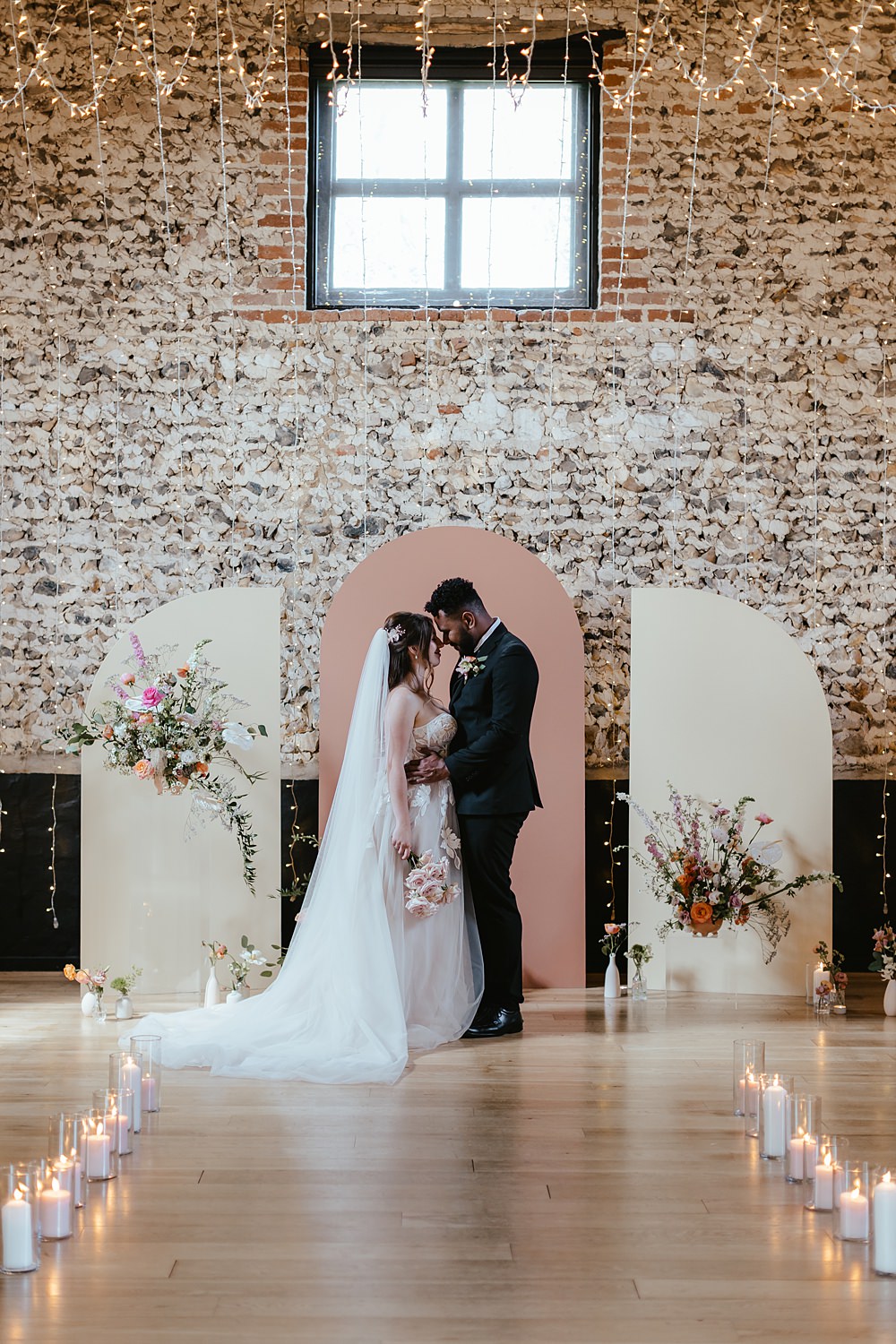 Curve Ceremony Backdrop Flowers Aisle Candles Pink Orange Wedding Ideas Bethany Smith Photography