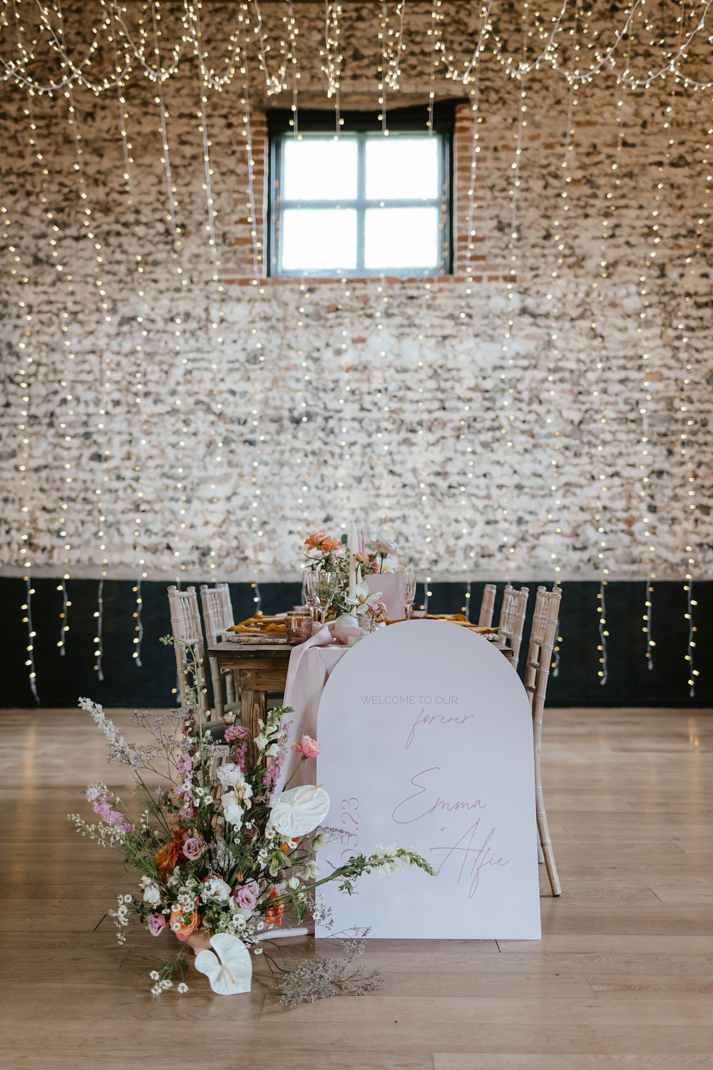 Table Decor Flowers Candles Curve Sign Pink Orange Wedding Ideas Bethany Smith Photography
