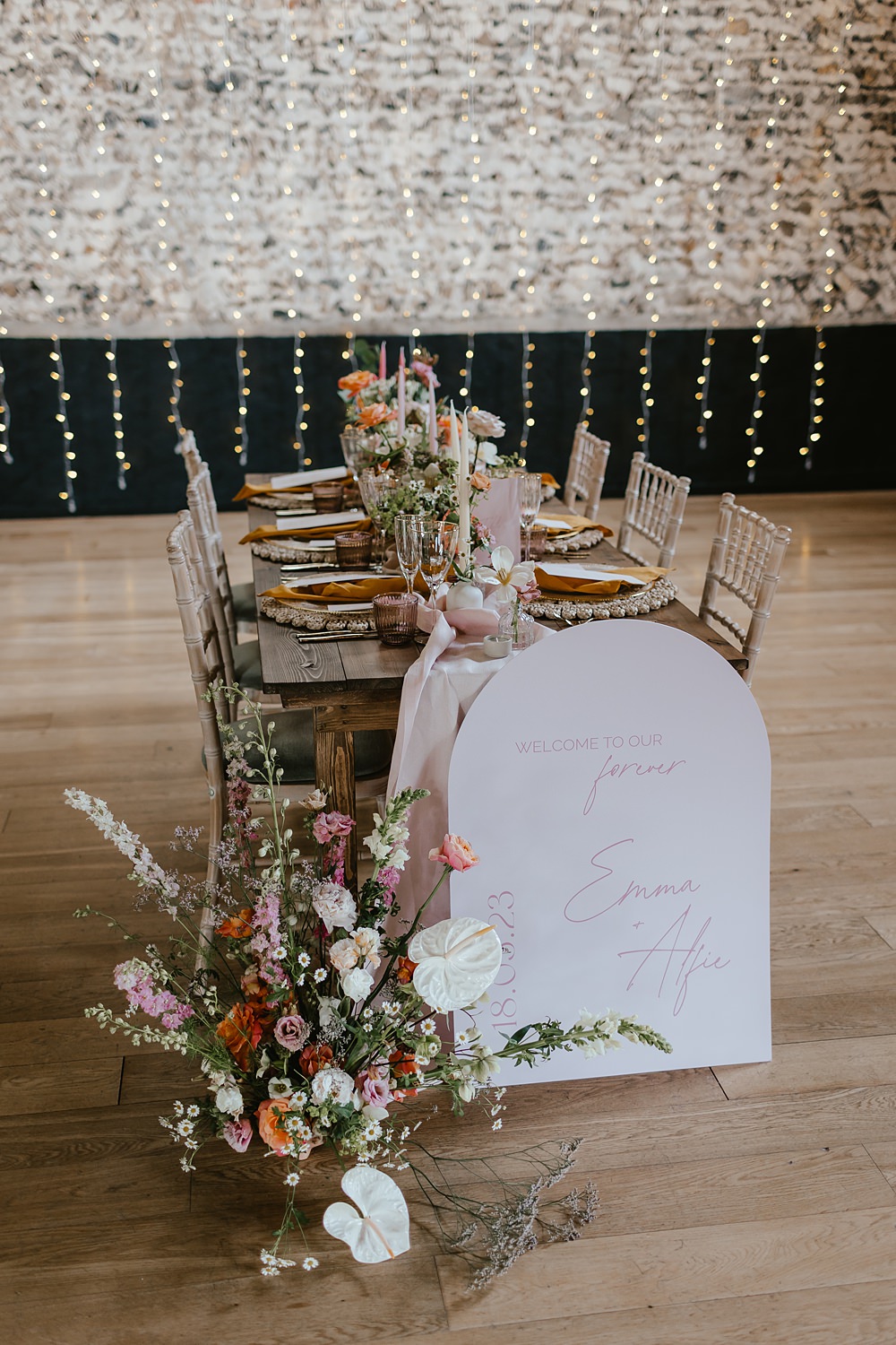 Table Decor Flowers Candles Curve Sign Pink Orange Wedding Ideas Bethany Smith Photography