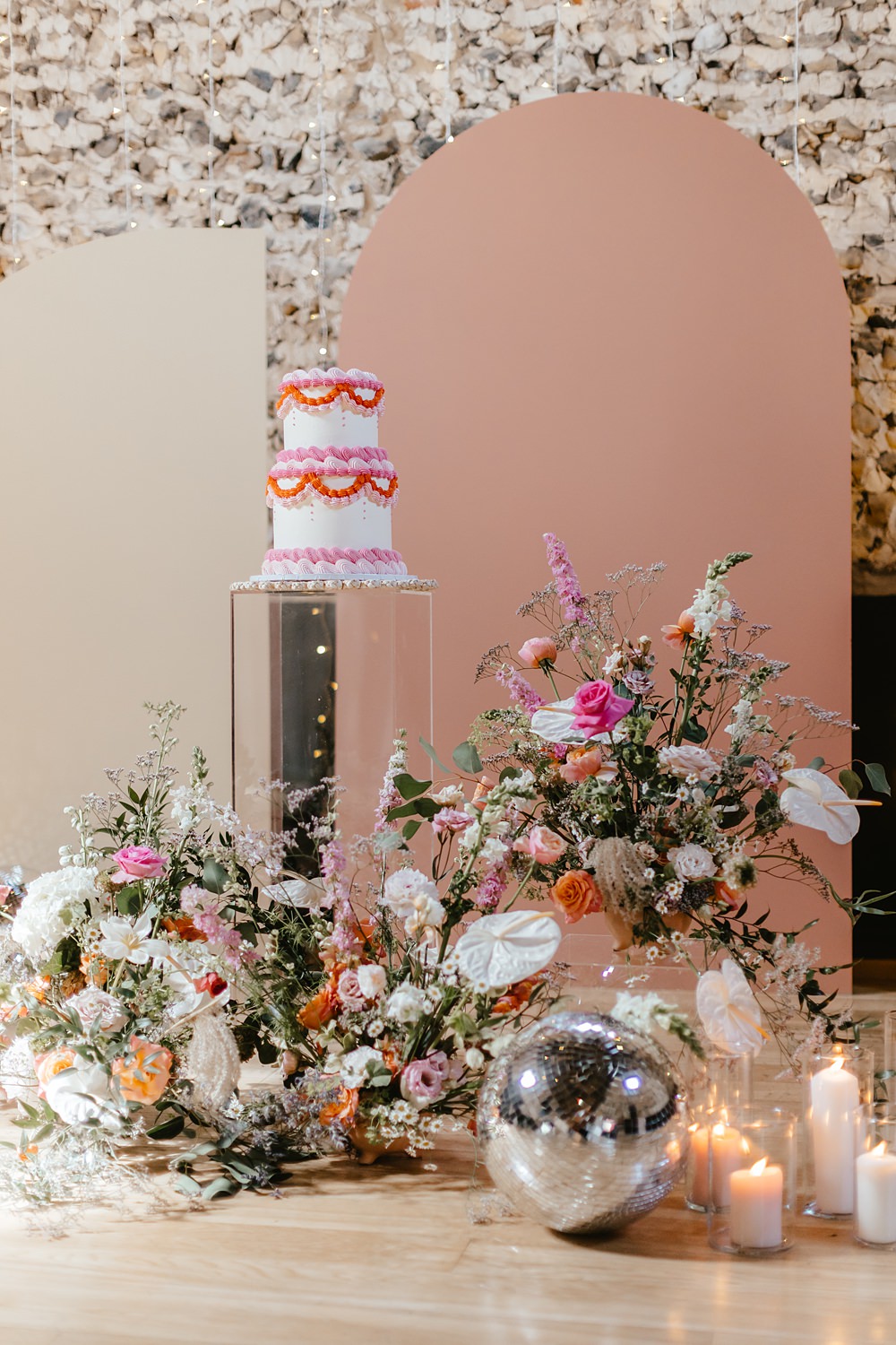 Cake Table Stand Backdrop Floor Flower Arrangement Ceremony Pink Orange Wedding Ideas Bethany Smith Photography