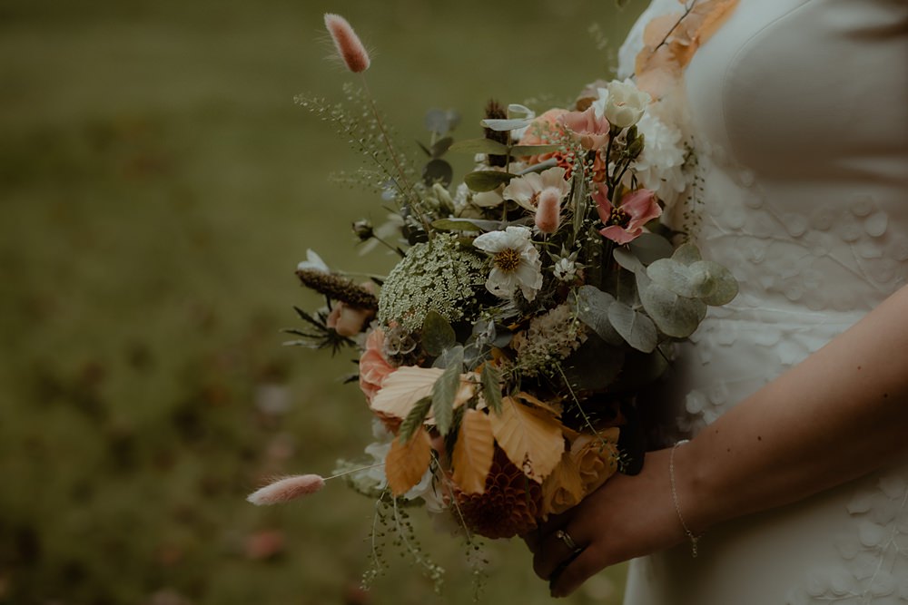 Bouquet Flowers Orange Dahlia Autumn Rossie on the Earn Wedding Mint and Jasmine