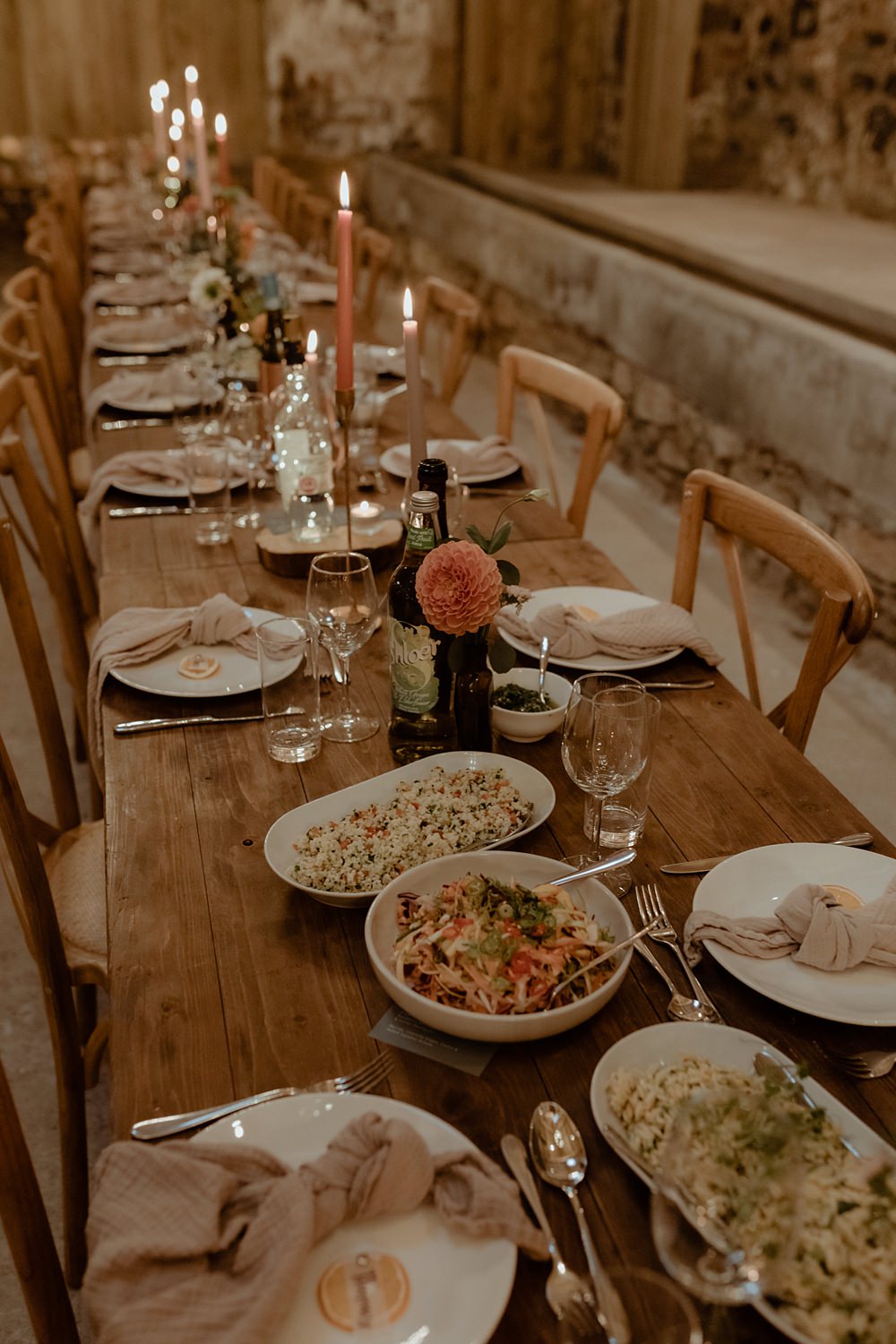 Long Rustic Wooden Table Decor Food Candles Flowers Rossie on the Earn Wedding Mint and Jasmine