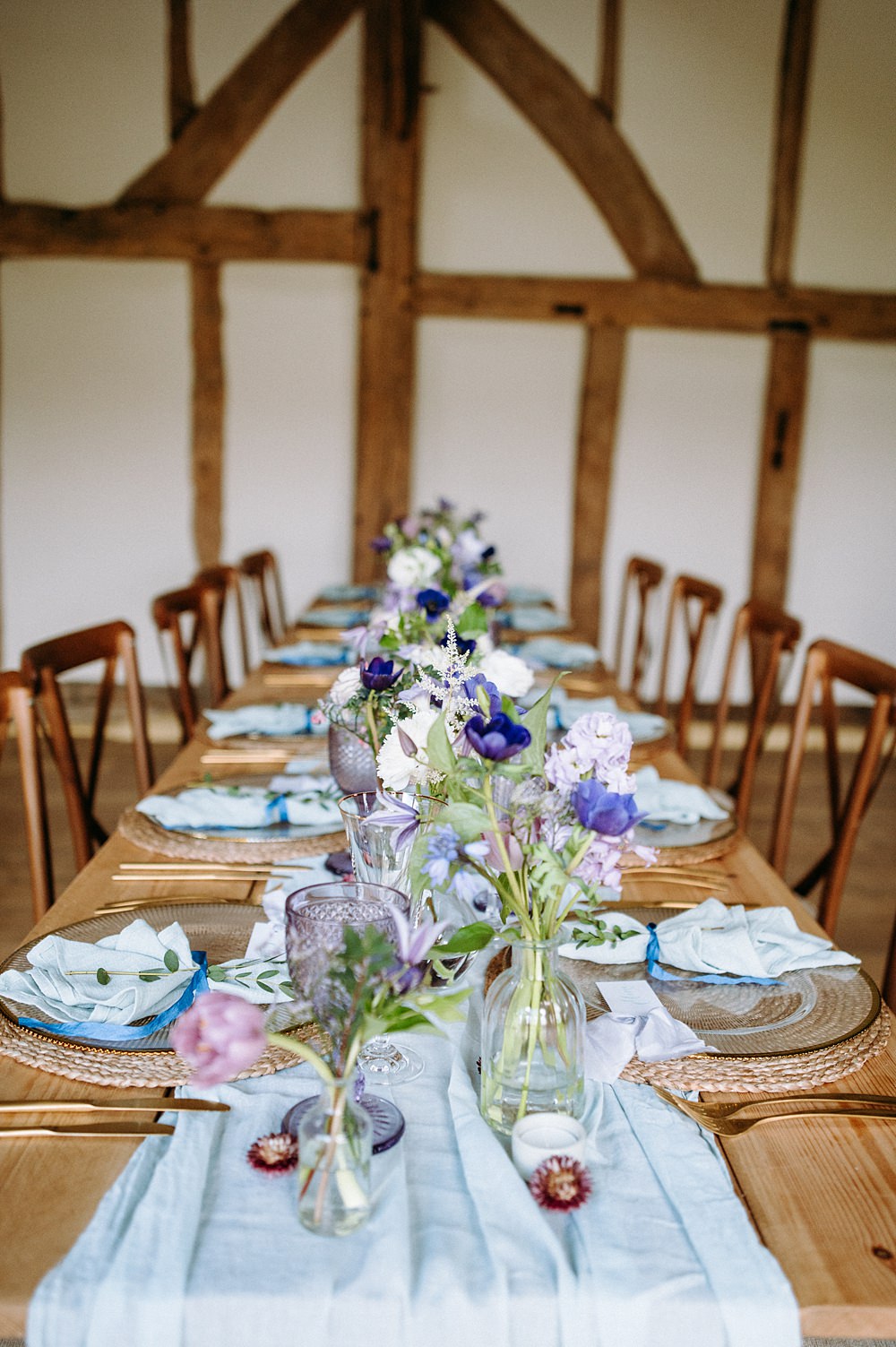 Surrey Glasshouse Wedding Chloe Martin Photography Long Table Decor Blue Lilac Flowers