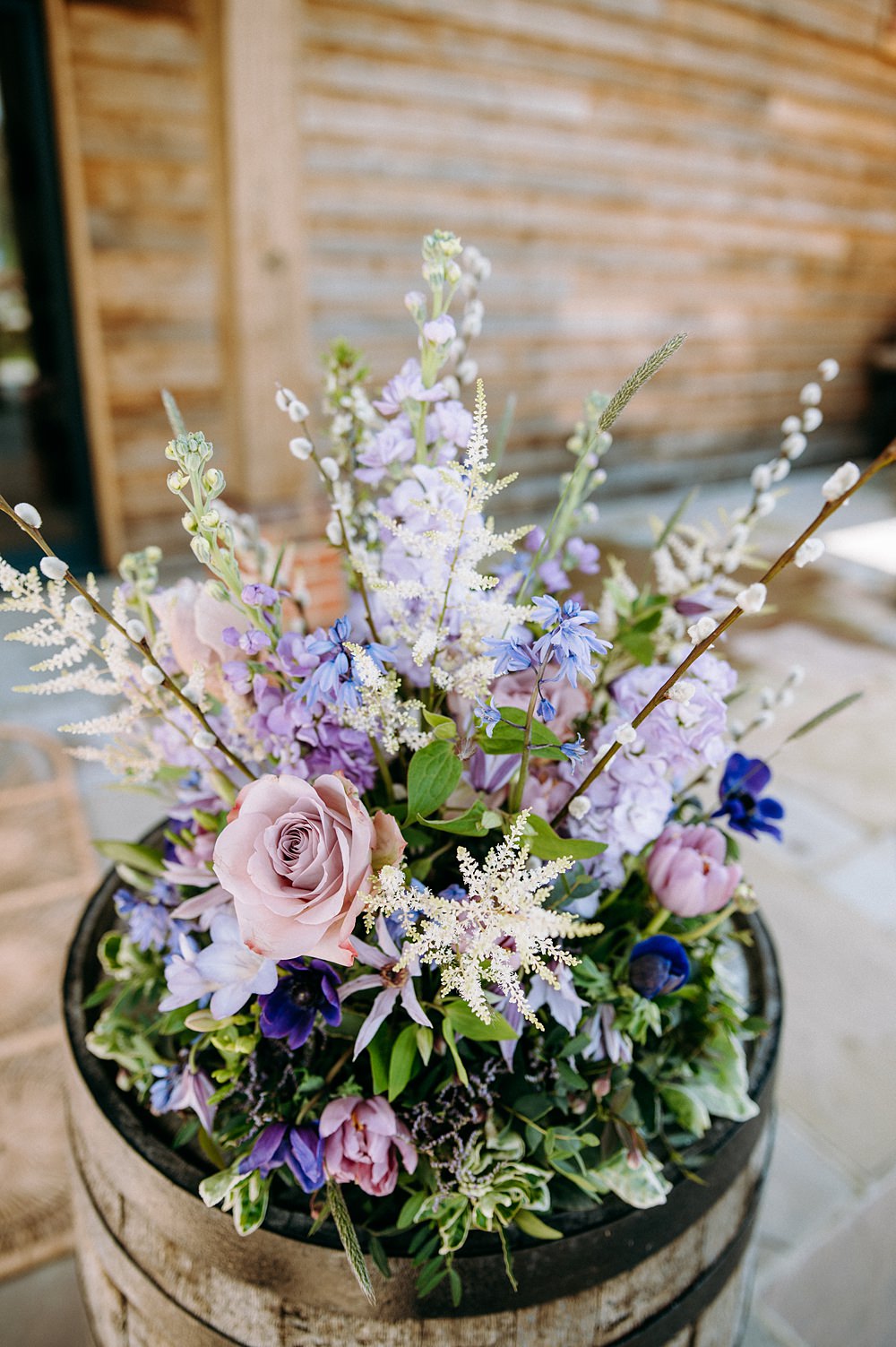 Wooden Barrel Flowers Surrey Glasshouse Wedding Chloe Martin Photography