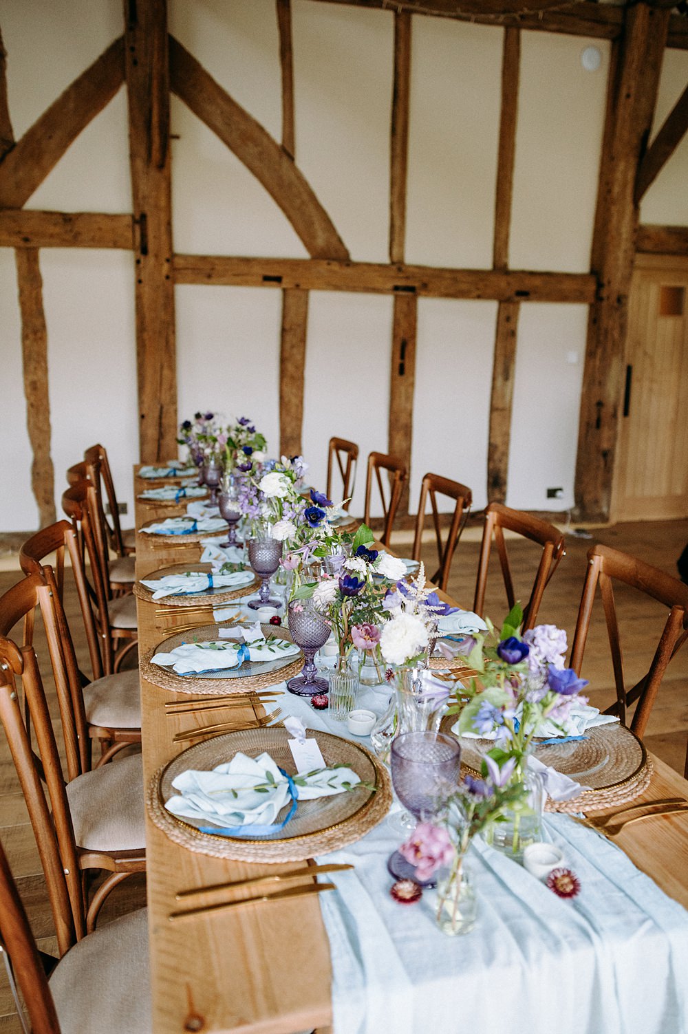 Long Table Decor Blue Lilac Flowers Surrey Glasshouse Wedding Chloe Martin Photography