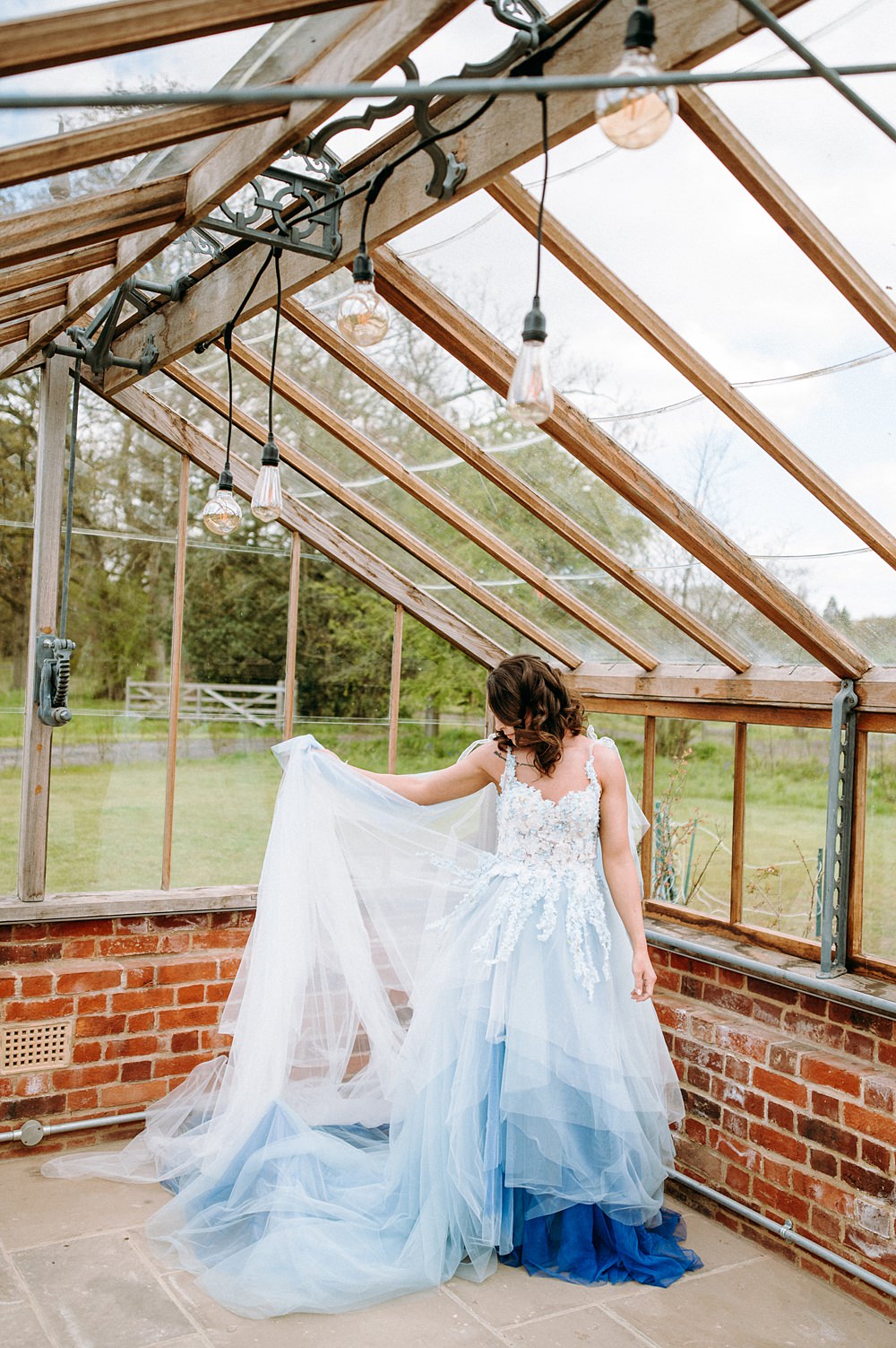 Blue White Dress Gown Bride Surrey Glasshouse Wedding Chloe Martin Photography