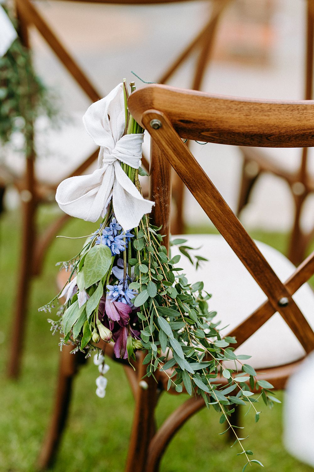 Pew End Chair Flowers Ribbon Surrey Glasshouse Wedding Chloe Martin Photography